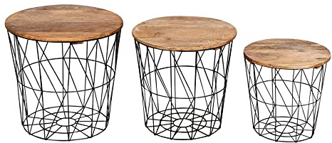 levandeo 3er Set Beistelltisch Metall Metallkorb Schwarz Mango Couchtisch Holz Deckel Deko Aufbewahrung Design Tisch