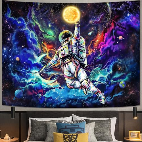 kampdream Blacklight Astronaut Space Tapestry, UV Reactive Galaxy Universe Planet Glow in Dark Tapestries for Men, Boys and Teens Cool Poster 36×48 inch