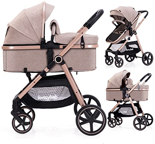Lortsybab 2-in-1 Baby Stroller - Folding Infant Newborn Pram Stroller with Reversible Seat - Toddler Strollers for 0-36 Months Old Babies (Beige)