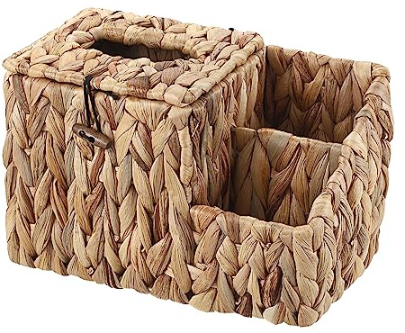 BSTKEY Quadratische Kosmetiktuchbox aus Wasserhyazinthe mit Deckel, gewebter Serviettenhalter für den Haushalt, mit 2 Multifunktions-Organizer-Seitentaschen für Fernbedienung, Schminktisch, Make-up,