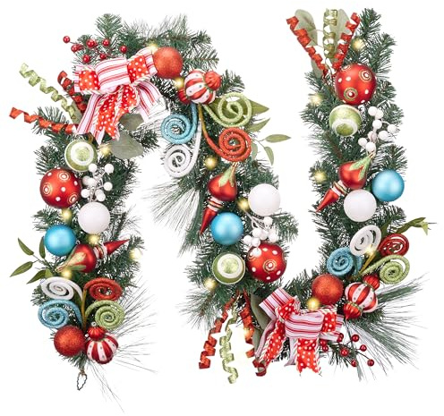 Valery Madelyn Beleuchtete Weihnachtsgirlande mit Lichtern für Kaminsims, beleuchtete, batteriebetriebene Elfen-Weihnachtsgirlande mit rot-grünen Kugeln für Haustür, Kamin, Tisch, Tafelaufsatz,