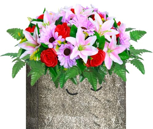 Lodou Cemetery Flower Saddles for Grave,Artificial Silk Flower Arrangement for Headstones, Artificial Cemetery Flowers, Outdoor Grave Decorations (1, Red & Purple & Pink)