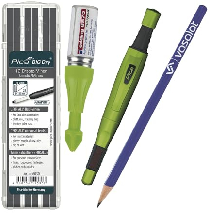 Tieflochmarker Spray grün - Bohrlochmarker für deutlich sichtbare Markierungen, bis zu 250 Bohrlöcher + Pica Big Dry mit 12 Ersatzminen graphit 2B