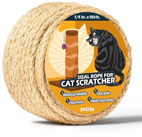 Pelzin Natural Sisal Rope for Cat Scratcher 1/4 Inch by 150 Feet, Cat Tree Rope Twine for Cat Scratching Post Replacement, Cat Tower with Scratch Post Repairing, Replace, Recovering and DIY, Natural