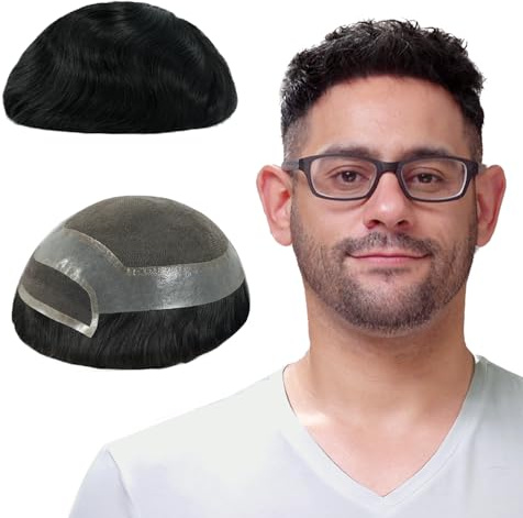 Lordhair Toupet Echthaar Männer, 100% Echthaar Toupet Herren, Toupet für Männer mit Französischer Spitze und Hautrand(18x23CM,Naturschwarz 1A#)