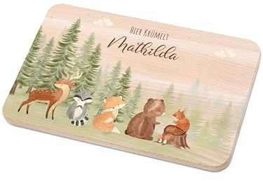 Bärenfreunde - Individuelles Holzbrett mit hochwertigem Spezial-Druck für Kinder - Personalisiertes Frühstücksbrettchen - Niedliche Motiv-Brettchen mit Namen (Waldtiere Wolkenwald)