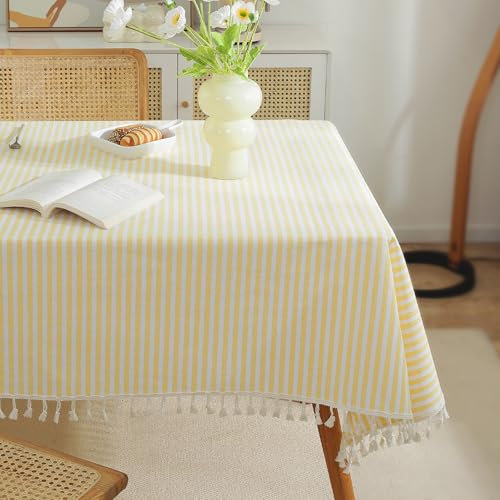 meioro Tablecloths Striped Tassel Table Cloth Rectangular Tablecloth Cotton Linen Table Cover Suitable for Home Kitchen Decoration (Yellow/White Stripes, 130×180cm)