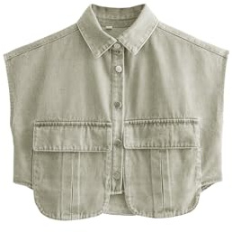 Perbai Womens Cropped Button Down Shirt Summer Collared Sleeveless Loose Denim Top with Pockets(Green-S)