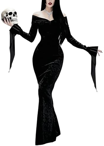 LUYANA Robe de sorcière gothique Morticia Addams pour femme - Costume d'Halloween - Épaules dénudées - Noir, b-noir, XXL