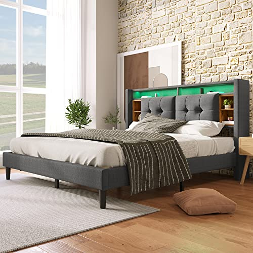 Ctastay Polsterbett Doppelbett 140x200 cm mit Stauraum Kopfteil, Bett Stauraumbett mit USB- Ladefunktion & LED- Licht, Familienbett Gästebett mit Staufach & Lattenrost, Grau (Ohne Matratze)
