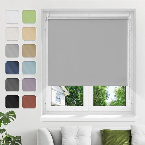 Verdunklungsrollo ohne Bohren Klemmfix, Hellgrau B115xH120cm Thermo Rollos für Fenster ohne Bohren Rollos Für Innen Verdunkelung& Sonnenschutz Seitenzugrollo Klemmrollos für Fenster