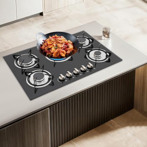 Plaque de cuisson à gaz 5 feux en verre trempé, encastrable, gaz naturel propane LPG NG, 770 x 510 mm