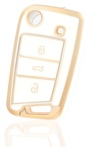 OFF WE GO Autoschlüssel Hülle Schlüssel Hülle Schlüsselhülle Cover für VW Golf 7 Polo Skoda Octavia Tiguan MK7 Jetta Seat Leon Fabia Ibiza Fabia Superb Schlüsselcover Schutz Gehäuse, Weiß Gold