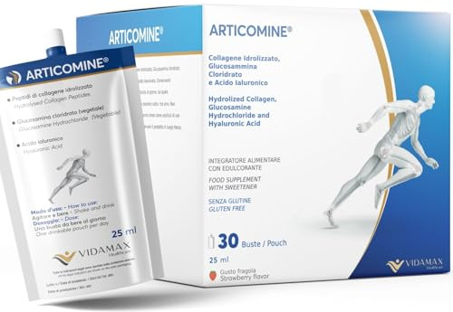Integratore per Articolazioni - 30 Pouch Pronti da Bere, con Collagene, Glucosamina e Acido Ialuronico – Supporto per Cartilagini, Ossa, Muscoli e Legamenti – Gusto Fragola - Vidamax Articomine