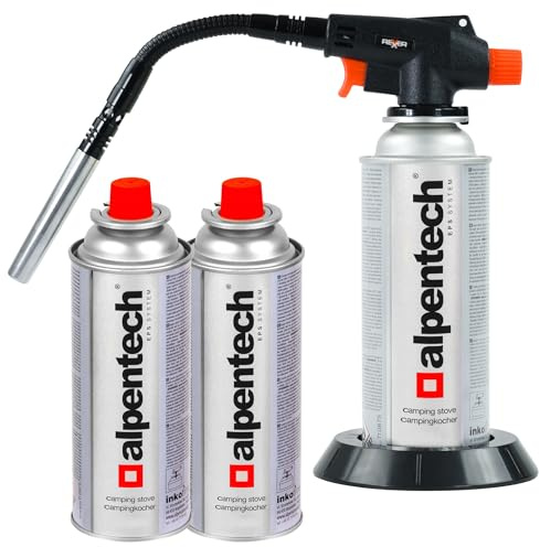REXXER Gasbrenner Set mit 3 Alpentech Butangaskartuschen | 1300 W, Piezozündung, flexibler Brennerkopf, 3 Butangaskartuschen 220 g
