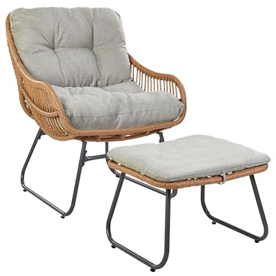 Gartensessel mit Fußhocker Polyrattan natürlich Auflagen Kissen grau Mestre
