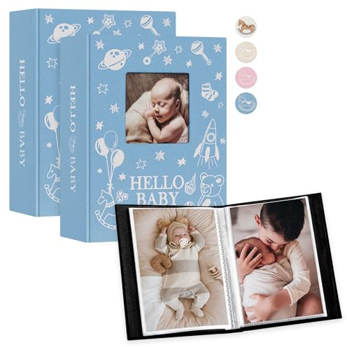Lanpn Album Fotografico Bambino 100 Tasche 2 Confezioni, Lino Ricordi Foto Nascita Bimbo 10x15 Album Portafoto Neonato, Baby Photo Album, Festa Battesimo Ragazza Ragazzo Regalo, Blu