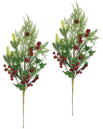 Künstlicher Beerenzweig Deko Zweig mit Beeren Zapfen Efeu Tannenzweige 2er Set 50cm groß AST Blumen künstlich Äste für Adventskränze Girlanden Weihnachtsdeko Floristik Kunstblume Kunstzweig, 50 cm