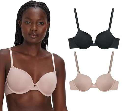 Maidenform Damen, Demi T-Shirt Underwire, Convertible Bra for Women, 2-Pack BH, Schwarz/Abendrot, 80C (2er Pack)