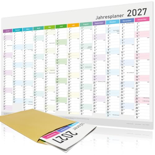 XXL Jahreskalender 2027 - Wandkalender - Jahresplaner A1 (84x59 cm), Wandplaner mit Kalenderwochen, Feiertagen - Großformat Kalender für Büro, Familie und Schule, Wall Calender, Plakatkalender Farbig