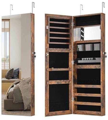 COSTWAY Armadietto Portagioie da Parete, Specchio Portagioie con Serratura, Organizzatore per Gioielli con Specchio a Lunghezza Intera, Appendini Regolabili, 37 x 10 x 110 cm (Marrone)