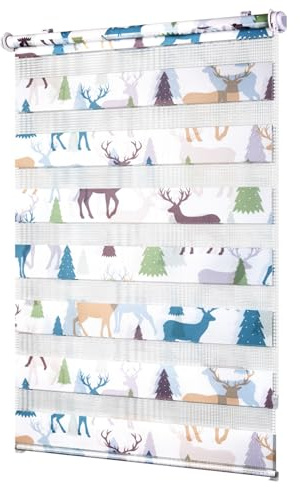 Deswell Doppelrollo Klemmfix ohne Bohren Weiß-Elch B65 x H150 cm(Stoffbreite 61cm) Doppelrollo mit Muster, Duo Rollos für Fenster ohne Bohren Rollos mit Motiv, Seitenzugrollo Lichtdurchlässig