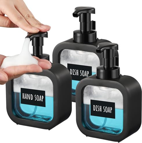 Segbeauty Dispenser Sapone Schiuma Manuale, 3 Pezzi 300ml Dispenser Sapone Nero, Erogatore Sapone Liquido in Plastica, con Pompa in Schiuma e Etichetta, per Bagno Cucina