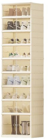 9-Tier Foldable Shoe Rack Organizer for Closet Entryway,Plastic Stackable Shoes Storage Box with Clear Magnetic Door,Collapsible Shoe Shelf with Lids,Easy Assembly(44x35x170.5cm,Cream Yellow)