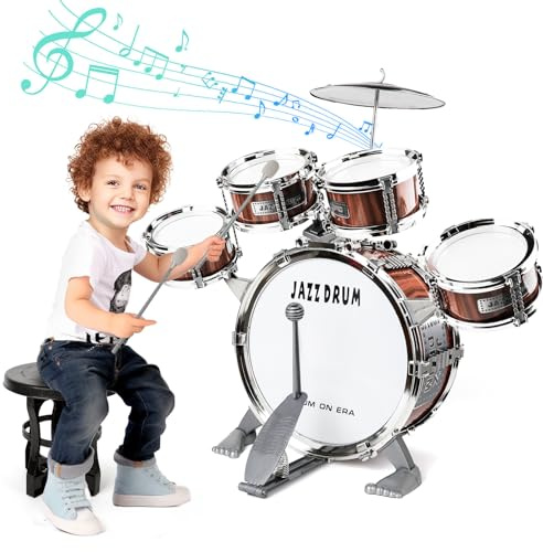 NonKob Batería para Niños Instrumentos Musicales, Jazz Bateria Infantil 5 Tambores Percusión con Taburete, Musical Educativo Juguete para Niños y Niñas de 3 4 5 6 7 Años