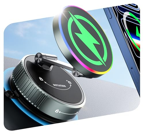 CloudValley für MagSafe Autoladegerät-Halterung, 15W kabellose schnelle Ladung & 360° drehbare Vakuum-Saugnapf, magnetische halterung mit RGB-Leuchte für iPhone 17-12 Serie Armaturenbrett/Frontscheibe