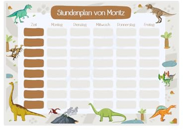 PuK Krämmer GmbH Stundenplan Kinder Abwischbar Personalisiert | Laminiert optional Magnetisch mit Stift | Geschenk zur Einschulung | Stundenplan 1. Klasse für Kühlschrank (Dino)