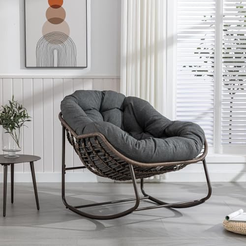 KOMHTOM Fauteuil à Bascule en Rotin d'extérieur, Fauteuil de Jardin, Rocking Chair, avec Coussin, Structure Métallique, pour Véranda, Salon, Terrasse, Jardin (Gris)