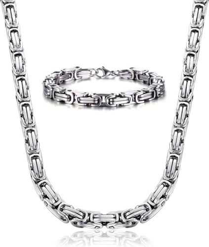 CCAIPU rostfritt stål silver kungskedja set, 5 mm halsband armband silverkedja mode byzantinsk plattkedja för män, 55 cm, Rostfritt stål, Ingen ädelsten