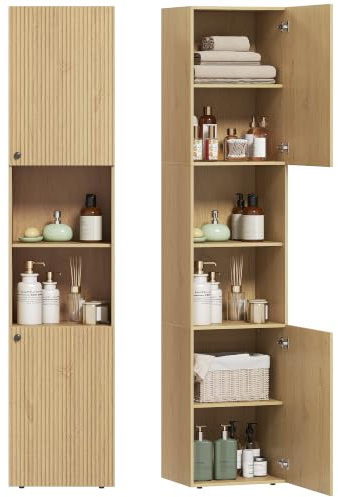 HOMCOM Badezimmerschrank hoch schmal mit 2 Türen 40 x 31 x 182 cm Eiche | Badschrank, Hochschrank, Verstellbare Ablagen, 2 Offene Fächer, für Badezimmer, Wohnzimmer