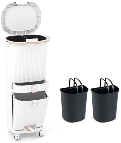 GIANTEX Cubo de Basura de Cocina 42L, Papelera de Reciclaje Vertical con Ruedas, 3 Cubos Extraíbles, 1 Cajón y Ganchos, Contenedor de PP con Tapa y Pedal, para Oficina, Baño (Blanco)