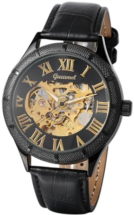 JewelryWe Herrklocka skelett automatisk klocka med äkta läderarmband: automatisk mekaniskt armbandsur män svart äkta läderarmband automatisk klocka med guld romerska siffror och lysande visare
