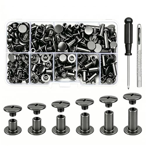 110 Stück Chicago Schrauben, M5 x 4/5/6/8/10/12mm mit Hülsenschrauben | Binding Schraubnieten für Leder, Hohlnieten für DIY Leder Gürtel Geldbörse Taschen Handwerk Kragen Gepäck, Grau