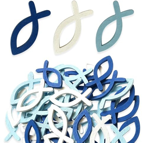 PYRUVAE 100 Pezzi Pesciolini in Legno per Decorazioni Battesimo Comunione e Cresima - Eleganti Segnaposto e Centrotavola per Tavolo, Addobbi per Festa Bimbo, Colori Bianco Azzurro e Blu Scuro, 40g