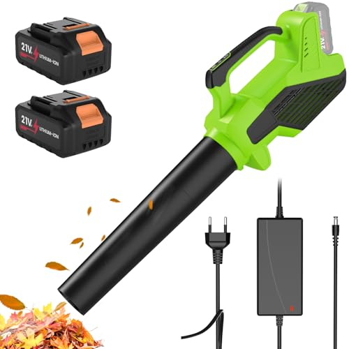 Soffiatore a Batteria 21V, Soffiatore Foglie con Batteria 3,0 Ah, 120CFM/100MPH, 5 Velocità, Soffiatore a Foglie Senza Fili per la Manutenzione del Prato, Rimozione della Neve e Pulizia (B-2 Batterie)
