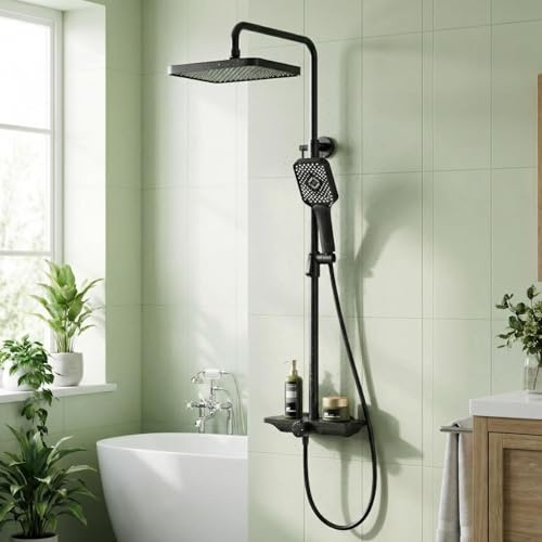 GarveeMore Colonne Douche Thermostatique Murale, Tablette 27 cm, Pommeau Pluie 25 cm + Douchette 3+1 Jets Avec Bidet, Hauteur Réglable, Inox/Cuivre, Chromé & Noir