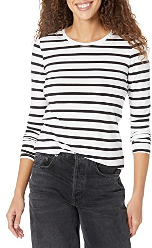 Amazon Essentials T-shirt girocollo da donna a maniche lunghe dalla vestibilità classica (disponibile in taglie forti), nero/bianco a righe, M