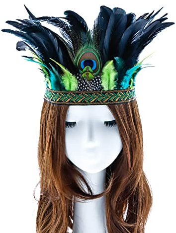 Aukmla Peacock Feather Fascinator Decorative Feather Headpiece Crown Headdress Costume Headband for Party (Green)
