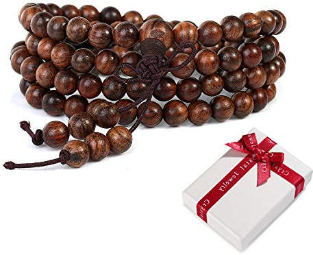 108 Holz-Perlen Gebetskette Buddhismus 6mm Armband für Yoga Meditation Gebet,Braun Elastisches Buddhistische Tibetisch Buddha Mala Kette Handgelenk Armbänder Halskette für Damen Herren Geschenk