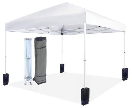 Amazon Basics Outdoor Pop Up 10 x 10 Canopy Tent for Events, Portable with Easy Setup, One-Push, Includes Wheeled Carry Bag, 8 Pegs, 4 Ropes, 4 Weighted Bags, White