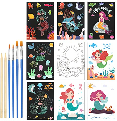 LANMOK 24Stk Kratzbilder Meerjungfrau, Kratzpapier Regenbogen Zeichnen Scratchboard Doppelseitiges Papier zum Kratzen und Färben Kinder Basteln Set für Kindergeburtstag Mitgebsel Geschenk