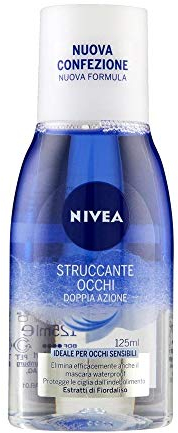 NIVEA Eliminador de maquillaje de ojos doble eficaz paquete de 4 (4 x 125 ml) potente limpiador facial elimina rímel impermeable, lavado facial de doble acción, removedor de maquillaje de ojos