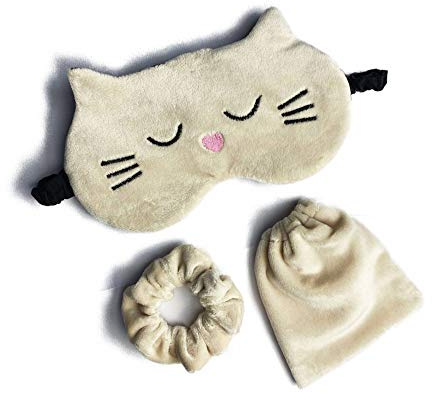 Niedliche Katzen-Schlafmaske - Flauschige Tieraugenmaske Zum Schlafen, Samt-Geschenkset Mit Tasche und Haargummi, Plüsch-Augenmaske für Kinder und Erwachsene, Lustiges Geschenk für Sie