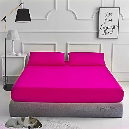 EXQUIZIT HOME® Fitted Bed Sheet with Pillowcases Pack of 2 – Plain Dyed Poly Cotton Percale Easy Care 180TC Bed Sheet, Soft & Durable 50% Cotton 50% Polyester (Fuchsia–Double)