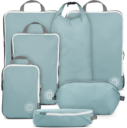 TRIPPED Travel Gear Große Packwürfel für Reisen, extra große Kompressions-Gepäck-Organizer, 7-teiliges Set, ultraleicht, erweiterbar/Kompressionsbeutel für Kleidung (Blaugrün/Weiß)