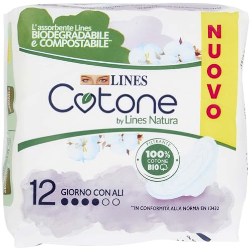 Lines Cotone by Lines Natura con Ali, 12 assorbenti in cotone per il giorno, Biodegradabile e Compostabile. Filtrante 100% cotone Bio delicato sulla pelle.